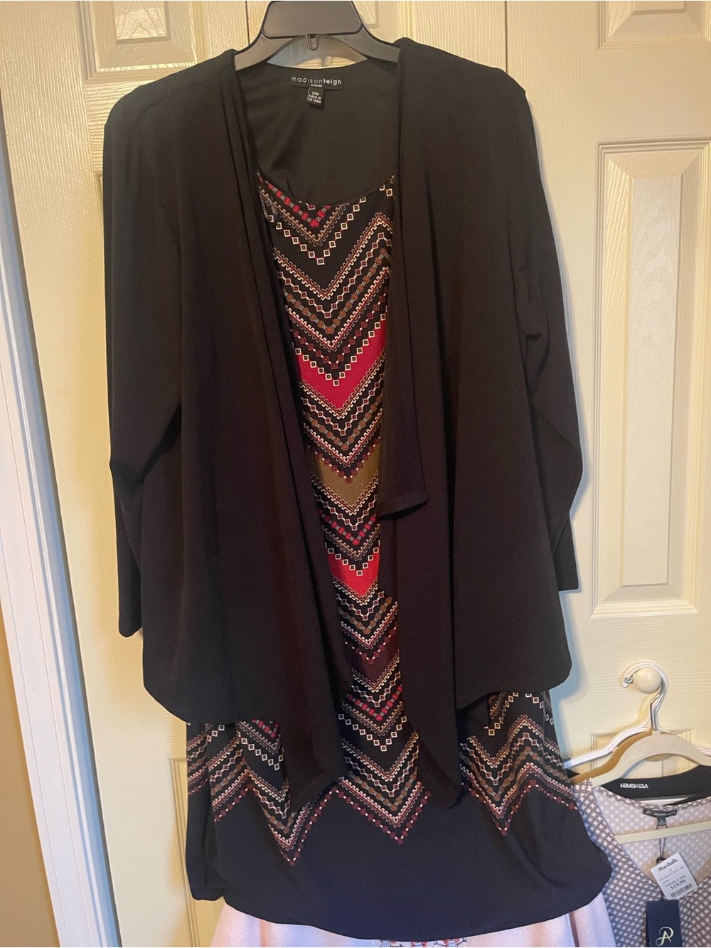 madison leigh Black Cardigan with Chevron Dress in Red, Brown, Cream